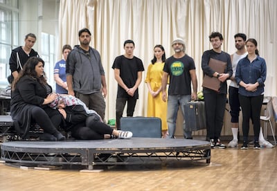 London, UK-- February 21, 2020 -- Umm Kulthum & The Golden Era musical, rehearsal, Jerwood Space, London SE1.  The musical is about the life and legacy of the Arab world's most iconic female singer, Umm Kulthum.  The show will take place on 2nd March at London's Palladium.  (Eleanor Bentall/The National)