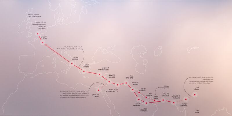 The route between Britain and India, showing the stop at Sharjah. This image is taken from the Sharjah Air Station: The First Landing 90 Years Ago exhibition at Al Mahatta Museum. Courtesy: Sharjah Museums Authority.