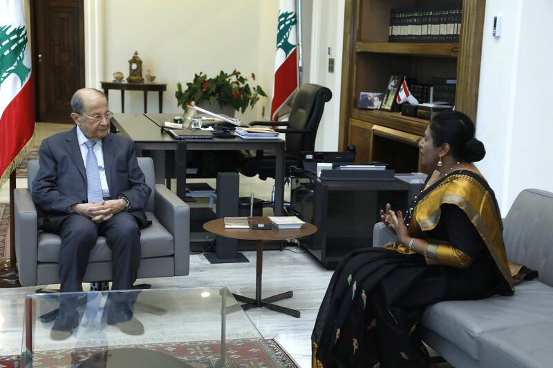 Lebanese President Michel Aoun meeting with Sri Lanka’s ambassador Shani Calyaneratne Karunaratne at Baabda Palace on August 24. Dalati Nohra, HO
