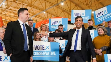 Conservative party candidate Ben Houchen, left, with Britain's Prime Minister Rishi Sunak following his re-election as Tees Valley mayor. PA