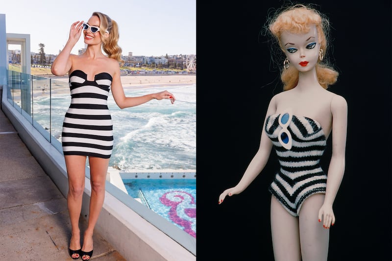 Sydney: The actress paid homage to Barbie’s 1959 black-and-white swimming costume in a striped Herve Leger bandage dress. Photo: Warner Bros; Getty