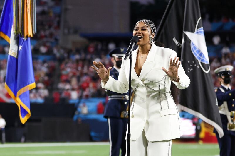 Singer and songwriter Jazmine Sullivan gave an emotional rendition of the US national anthem. AP Photo