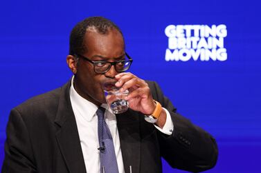 Kwasi Kwarteng, UK chancellor of the exchequer, delivers his keynote speech during the Conservative Party's annual autumn conference in Birmingham, UK, on Monday, Oct.  3, 2022.  Liz Truss is standing by Kwarteng after the threat of a rebellion in the ruling party forced them into a humiliating reversal on a plan to cut taxes for the top earners in the UK. Photographer: Hollie Adams / Bloomberg