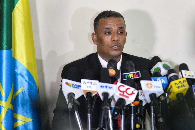 Ethiopia’s Attorney General Birhanu Tsegaye? speaks ?about the corruption and human rights violation reports in the country?,? following the detention of 63 military and intelligence officers in Addis Ababa on November 12, 2018. Ethiopia has arrested 63 senior military and intelligence officers accused of corruption and human-rights abuses, the country's attorney general, Berhanu Tsegaye, said on November 12, 2018. They represent a further flexing of power by reformist Prime Minister Abiy Ahmed, who is seeking to break with Ethiopia's authoritarian past, analysts said. / AFP / Michael Tewelde
