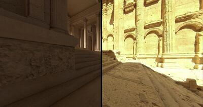 The adyton of the Temple of Bacchus, reconstruction and present day. Courtesy Flyover Zone Productions and DAI