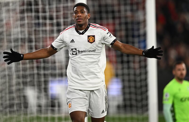 Anthony Martial celebrates after scoring Manchester United's first goal in their 3-1 pre-season friendly win over Crystal Palace at the Melbourne Cricket Ground in Australia, on Tuesday, July 19, 2022. EPA