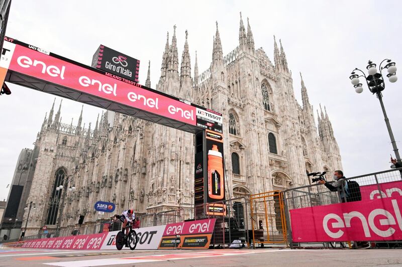 British rider Tao Geoghegan Hart completes the Stage 21 time-trial in front of Milan Cathedral and seals overall victory in the Giro d'Italia on Sunday, October 25. AP