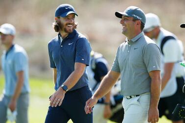 ROME, ITALY - SEPTEMBER 02: Tommy Fleetwood of England speaks to Edoardo Molinari of Italy on the 9th hole during Day One of The Italian Open at Marco Simone Golf Club on September 02, 2021 in Rome, Italy. (Photo by Luke Walker / Getty Images)