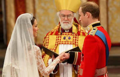 LONDON, ENGLAND - APRIL 29:  Prince William and Catherine Middleton take their vows during their Royal wedding ceremony at Westminster Abbey on April 29, 2011 in London, England. The marriage of the second in line to the British throne was led by the Archbishop of Canterbury and will be attended by 1900 guests, including foreign Royal family members and heads of state. Thousands of well-wishers from around the world have also flocked to London to witness the spectacle and pageantry of the Royal Wedding. (Photo by Dave Thompson - WPA Pool/Getty Images)