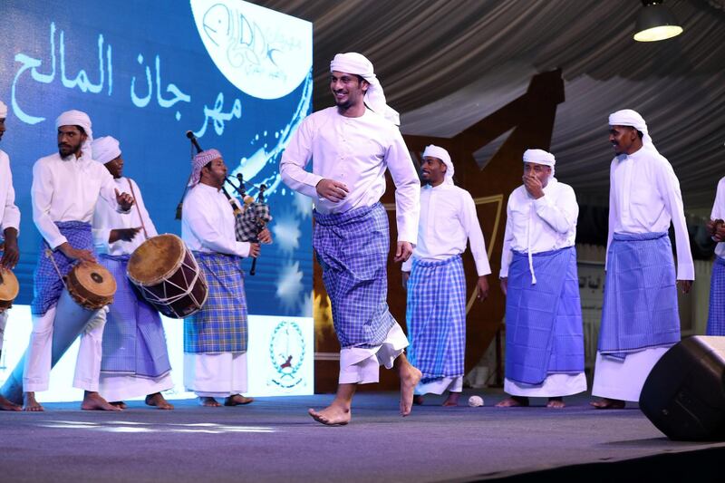 Dibba, United Arab Emirates - June 26, 2019: Traditional costal dance. Al Hosn fish salting festival. Wednesday the 26th of June 2019. Dibba. Chris Whiteoak / The National