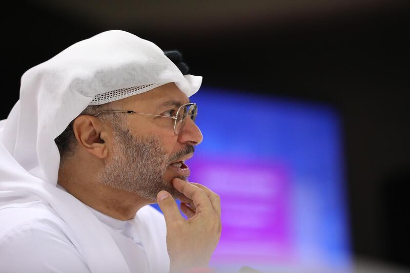 Emirati Foreign Minister Anwar Gargash speaks during a press conference in Dubai on June 18, 2018. The United Arab Emirates, part of a Saudi-led Arab military alliance in Yemen, warned Huthi rebels to withdraw from the key port city of Hodeida as coalition-backed government forces advance.
The "Hodeida port operation will continue unless rebels withdraw unconditionally,"  Gargash told a press conference in Dubai.
 / AFP / KARIM SAHIB
