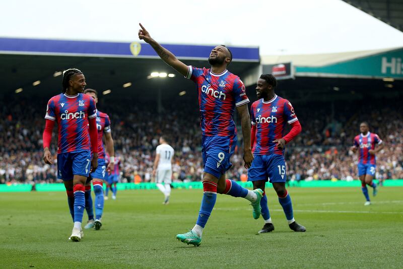 Crystal Palace's Jordan Ayew, centre, celebrates after scoring his side's second goal in the 5-1 Premier League win against Leeds United at Elland Road on Sunday, April 9, 2023. PA