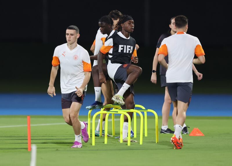 Phil Foden and Manchester City teammates at training. EPA