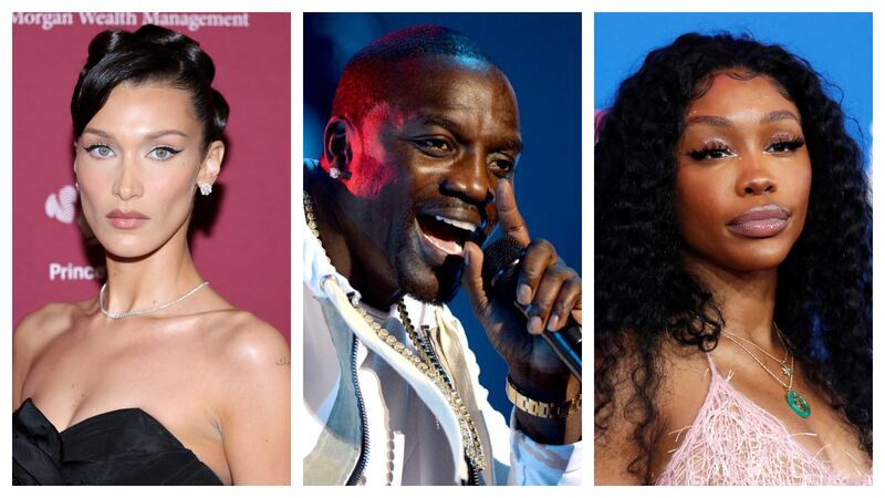 Celebrities across the world are marking Eid Al Fitr, including, from left, Bella Hadid, Akon and SZA. Photos: AFP, Getty Images, Reuters