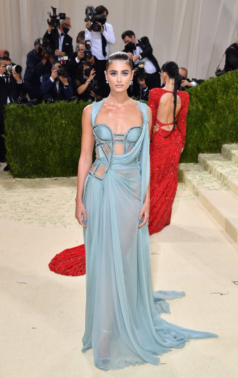 Taylor Hill, wearing Atelier Versace, at the 2021 Met Gala. AFP