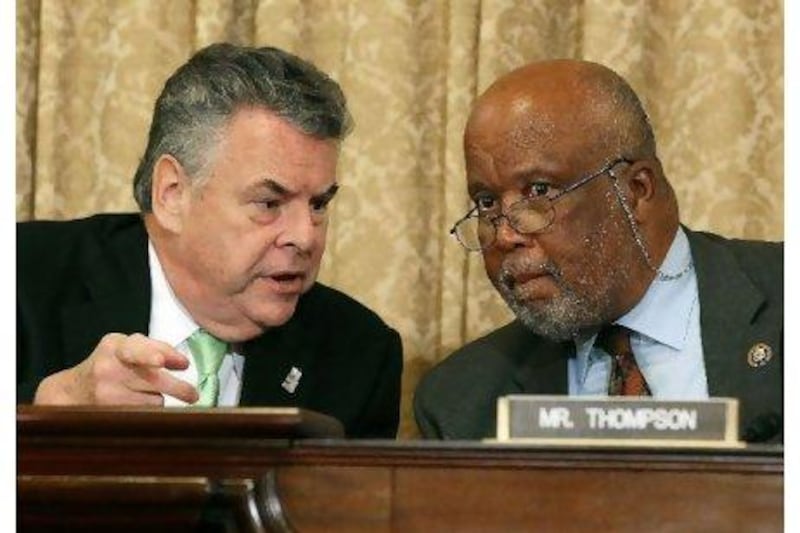 Committee chairman Peter King (left) and Representative Bennie Thompson confer during a House homeland security committee hearing in Washington. Mark Wilson / Getty Images / AFP