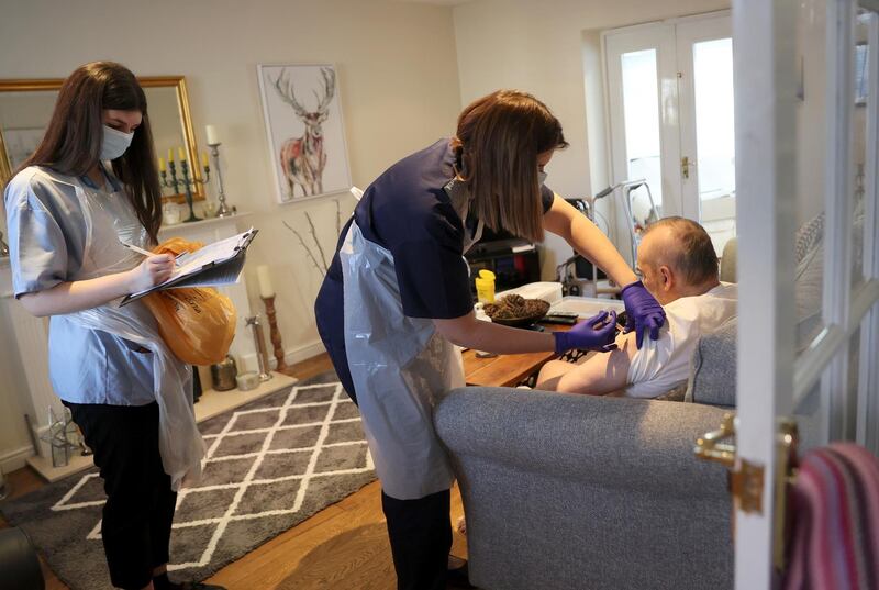 Nurse Elspeth Huber from Hannage Brook Medical Centre administers the COVID 19 vaccine during home visits to the most venerable people amid the outbreak of the coronavirus disease (COVID-19) near Wirksworth, Derbyshire Britain, February 26, 2021. REUTERS/Carl Recine