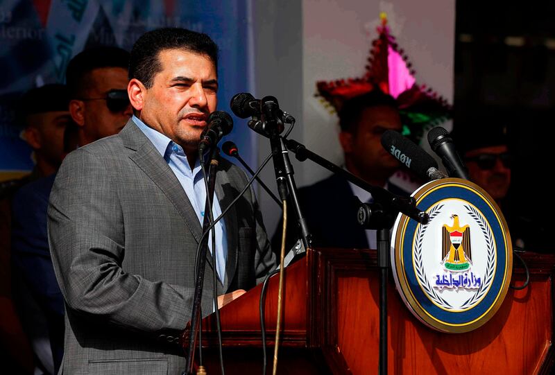 Iraqi Interior Minister Qasim al-Araji speaks during a graduation ceremony at the Police Academy in Baghdad, Iraq, Sunday, July 16, 2017. (AP Photo/Karim Kadim)