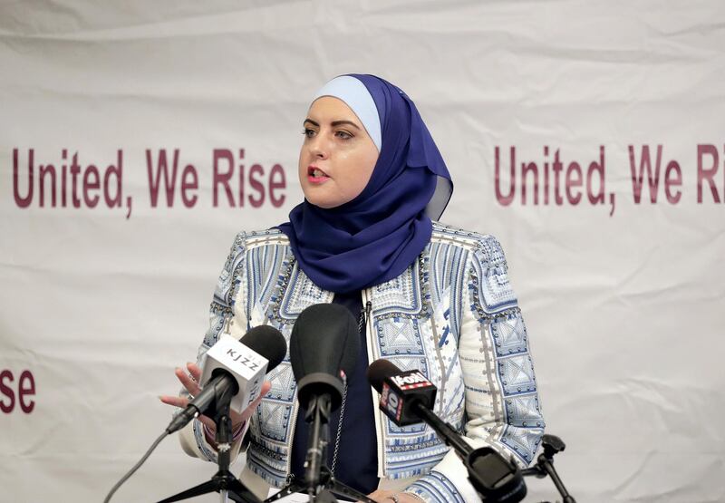 Deedra Abboud announces her candidacy for the U.S. Senate, Monday, July 31, 2017, at the Democratic headquarters in Phoenix. Abboud is challenging U.S. Sen. Jeff Flake, R-Ariz, for his seat in 2018. (AP Photo/Matt York)