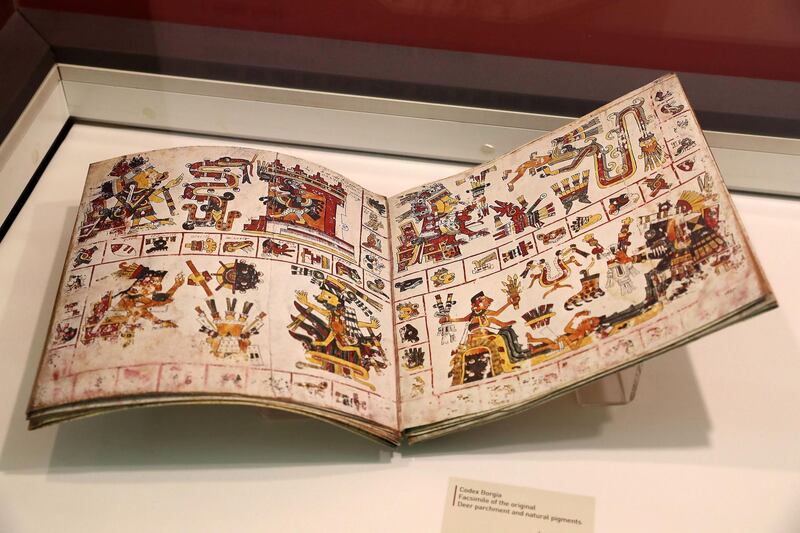 ABU DHABI ,  UNITED ARAB EMIRATES , May 13 – 2019 :- Ancient Mexican artefacts called Codices of Mexico: The Old Books of the New World on display at Qasr Al Watan Library in Abu Dhabi. This one is Codex Borgia, Facsimile of the original , Deer parchment and natural pigments. ( Pawan Singh / The National ) For Arts & Life. Story by Katy Gillett