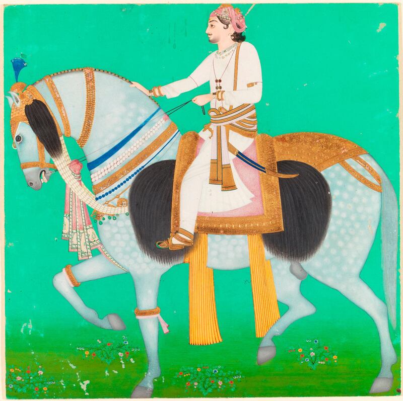  
 
 
 
Equestrian Portrait of Maharao 
Sheodan Singh of Alwar 
 Alwar, Rajasthan, India, c. 1863 
Opaque watercolour with gold 
highlights on paper Portrait équestre du Maharao 
Sheodan Singh d’Alwar
 
© Louvre Abu Dhabi 
Agence photo F 
  


Story on Le Louvre by Anna Seaman.  For Arts & Life.