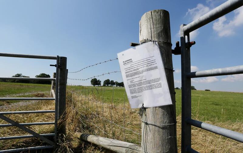 An application for planning permission notice, submitted by Cuadrilla at the entrance to their currently inactive drilling site in Cowden, Kent. Gareth Fuller / PA Wire