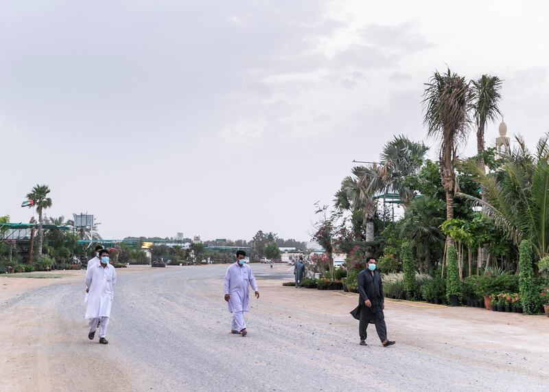 DUBAI, UNITED ARAB EMIRATES. 13 APRIL 2020. 
Three men in face mask walking iby nurseries in Warsan.
(Photo: Reem Mohammed/The National)

Reporter:
Section: