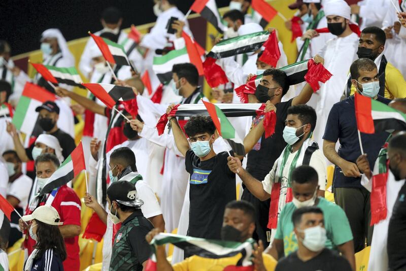 UAE fans before the game between the UAE and Thailand in the World cup qualifiers at the Zabeel Stadium, Dubai on June 7th, 2021. Chris Whiteoak / The National. 
Reporter: John McAuley for Sport