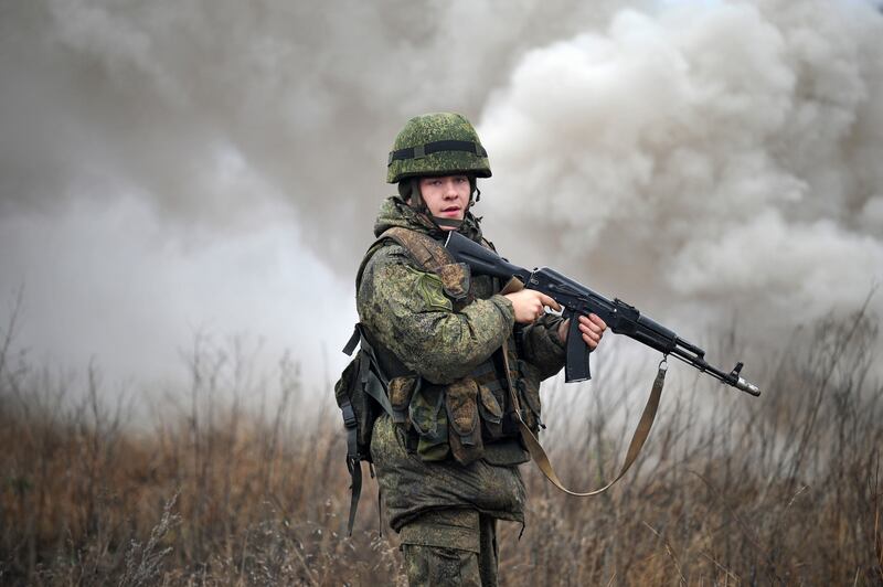 A Russian soldier takes part in drills at the Kadamovskiy firing range in the Rostov region in southern Russia. AP Photo