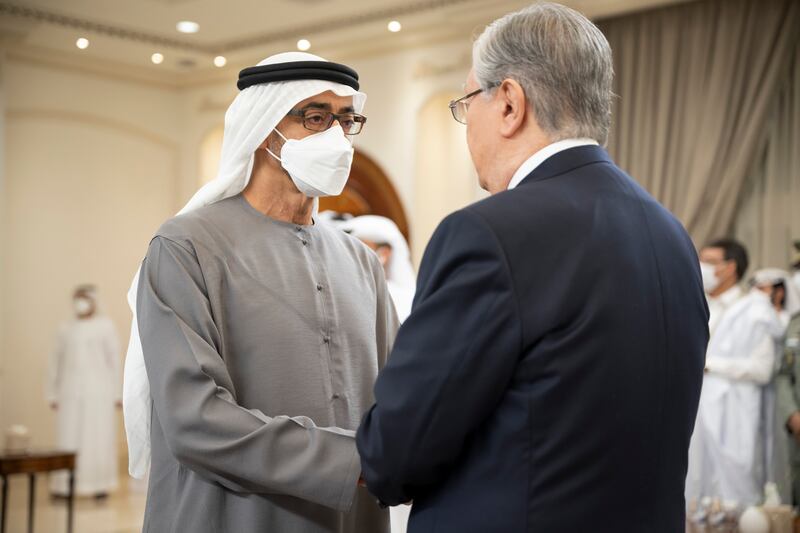 Kassym-Jomart Tokayev, President of Kazakhstan, offers condolences to the President, Sheikh Mohamed. Rashed Al Mansoori / Ministry of Presidential Affairs