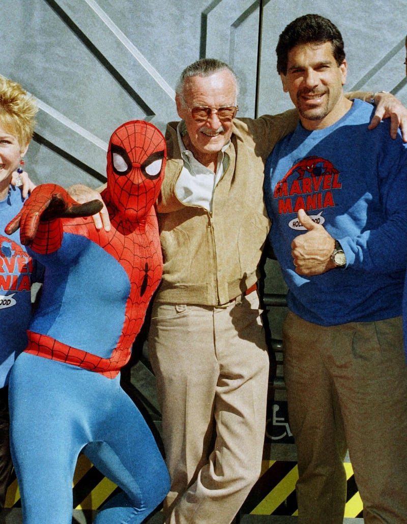 Stan Lee poses with one of his characters 'Spider-Man' and actor Lou Ferrigno who portrayed 'The Incredible Hulk', in Los Angeles in 1998. Reuters