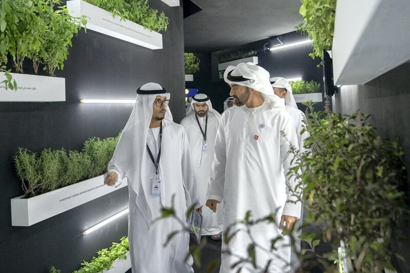 ABU DHABI, UNITED ARAB EMIRATES - October 09, 2018: HH Sheikh Mohamed bin Zayed Al Nahyan Crown Prince of Abu Dhabi Deputy Supreme Commander of the UAE Armed Forces (R), tours the Mohamed Bin Zayed Majlis for Future Generations summit, at Abu Dhabi National Exhibition Centre (ADNEC).

( Hamad Al Kaabi / Crown Prince Court - Abu Dhabi )
---