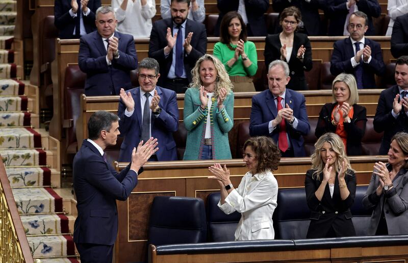 Spain's Prime Minister Pedro Sanchez is applauded by MPs and members of government after delivering a speech to announce that Spain will recognise Palestine as a state. AFP