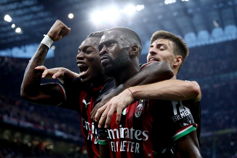 Fikayo Tomori celebrates scoring AC Milan's first goal against Juventus. Getty