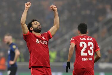 Liverpool's Mohamed Salah celebrates scoring the second goal during the UEFA Champions League round of sixteen first leg match at the San Siro, Milan. Picture date: Wednesday February 16, 2022.