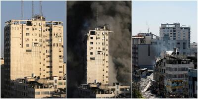 A combination picture shows a tower building in Gaza City on May 12, 2021 (L and C) and after it was destroyed by Israeli air strikes amid a flare-up of Israeli-Palestinian violence, May 13, 2021. REUTERS/Ibraheem Abu Mustafa/Suhaib Salem     TPX IMAGES OF THE DAY