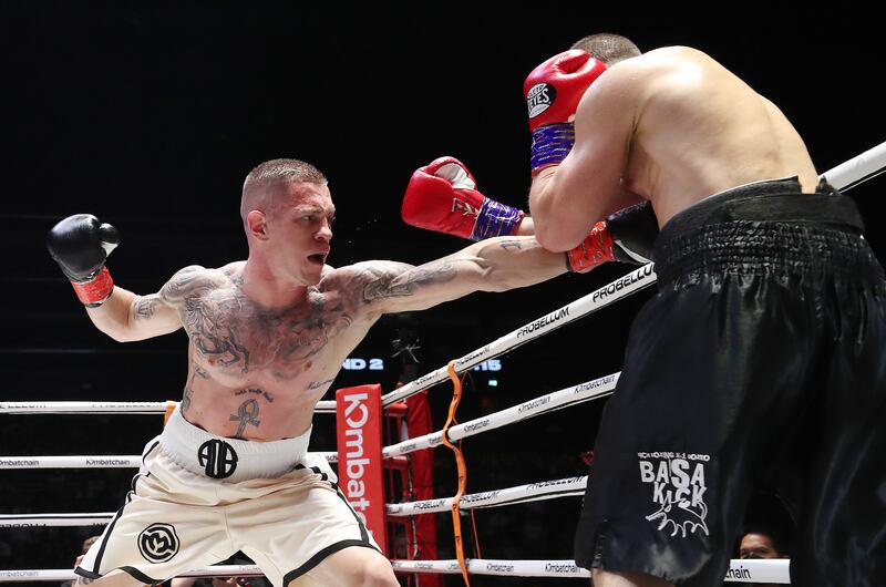 Anthony de Bruijn (white shorts) takes on Diego Valtierra (black) in a Super Featherweight bout at the Coca Cola Arena, Dubai. Chris Whiteoak/ The National