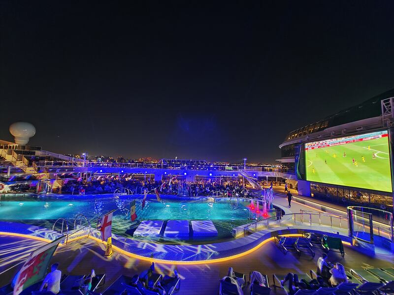 The higher deck has a large swimming pool, whirlpools and a huge screen to watch the World Cup action