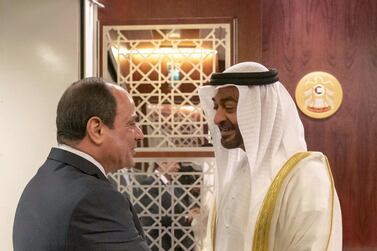 Sheikh Mohamed bin Zayed, Crown Prince of Abu Dhabi and Deputy Supreme Commander of the Armed Forces, greets Abdel Fattah El Sisi, President of Egypt.    