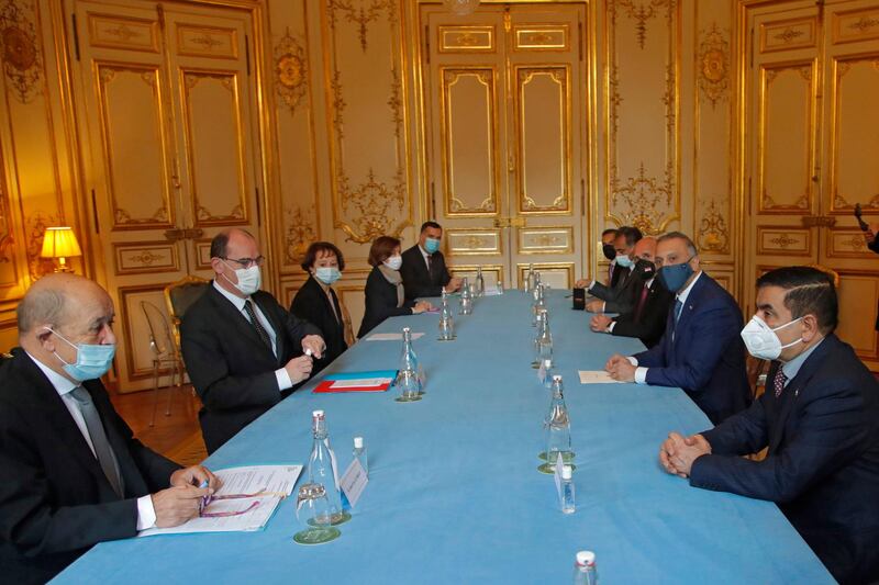 French Prime Minister Jean Castex and Iraqi Prime Minister Mustafa al-Kadhimi sit for talks in Paris, France.  EPA