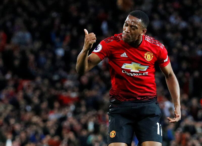 Manchester United's Anthony Martial celebrates scoring their second goal. Reuters