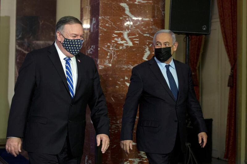 US Secretary of State Mike Pompeo and Israeli Prime Minister Benjamin Netanyahu leave after making a joint statement in Jerusalem. AFP