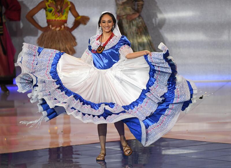 Miss El Salvador Fatima Mangandi performs during the final in the ExCel centre in London.  EPA