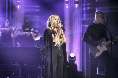 THE TONIGHT SHOW STARRING JIMMY FALLON -- Episode 1015 -- Pictured: Musical guest Avril Lavigne performs on February 13, 2019 -- (Photo by: Andrew Lipovsky/NBC/NBCU Photo Bank via Getty Images)