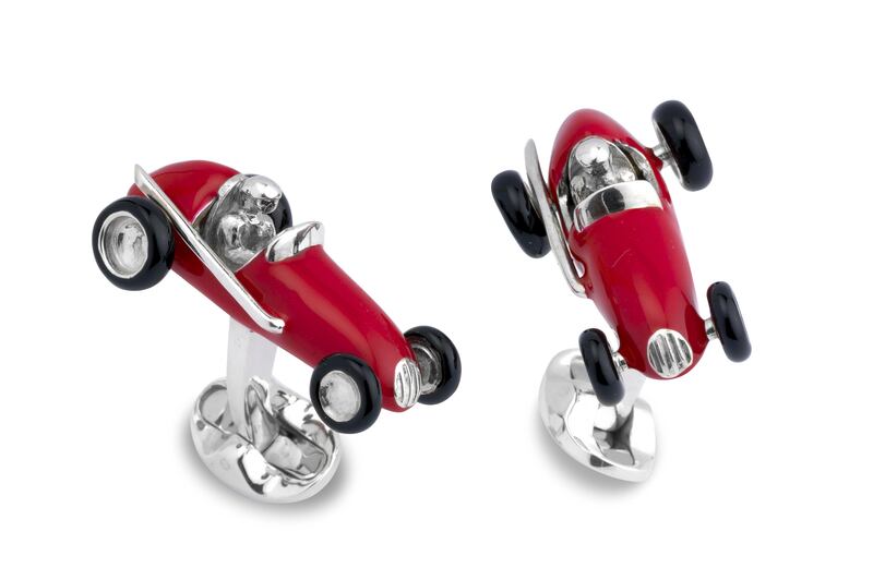 Sterling silver red racing car cufflinks; Dh1,520