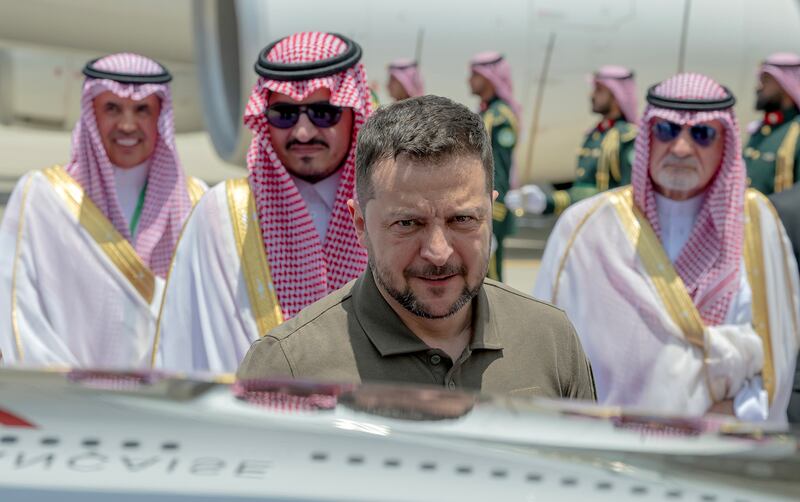 Ukrainian President Volodymyr Zelenskyy arrives in Jeddah for an Arab League summit on May 19. Mr Zelenskyy has urged his ambassadors and diplomats to persuade allies and those on the fence that Russian defeat is the only route to lasting peace. EPA