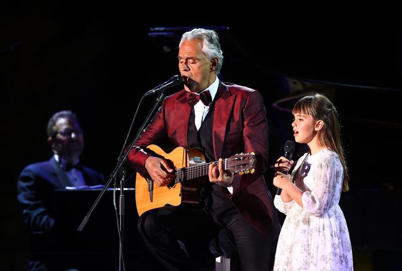 Andrea Bocelli's 9-year-old daughter Virginia Bocelli appeared on stage for a rendition of Leonard Cohen's 'Hallelujah'. Getty Images for The Royal Commission for AlUla