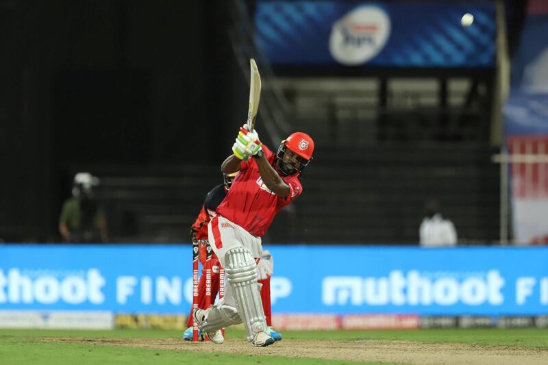 Chris Gayle of Kings XI Punjab bats during match 31 of season 13 of the Dream 11 Indian Premier League (IPL) between the Royal Challengers Bangalore and the Kings XI Punjab held at the Sharjah Cricket Stadium, Sharjah in the United Arab Emirates on the 15th October 2020.  Photo by: Deepak Malik  / Sportzpics for BCCI