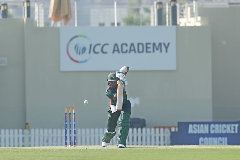 Ashiqur Rahaman Shibli of Bangladesh plays a shot on his way to top scoring with 71 against the UAE.