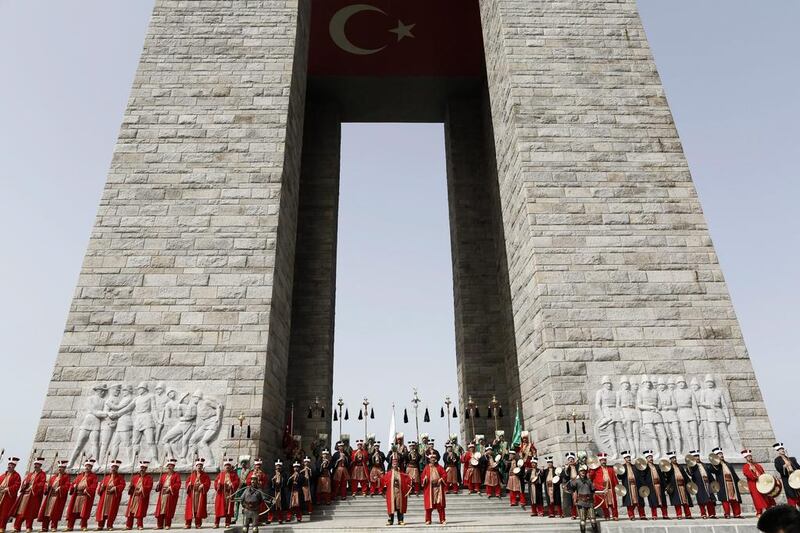 Members of Turkish historical Ottoman Band (in Turkish Mehteran) pose during the commemoration of the Battle of Gallipoli in front of the Turkish Mehmetcik Monument in Gallipoli, Turkey. The Anzac day ceremonies in Gallipoli remember those who died in the 1915 Anzac landings of World War I. Tolga Bozoglu / EPA